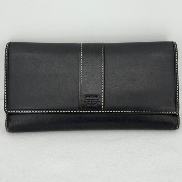 Coach Women's Black Leather Wallet Fold Over Trifold Snap with Checkbook Holder - Picture 1 of 9